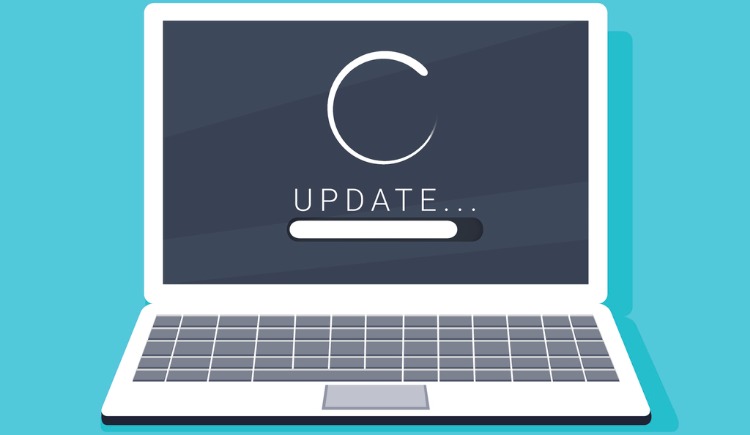 software update concept updating in progress on laptop with blue background