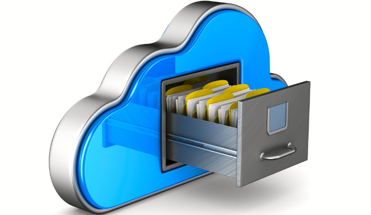 Cloud image with a file cabinet emerging out of the cloud