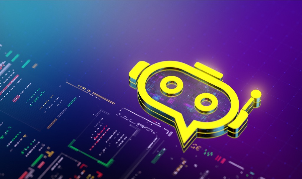 Yellow chatbot character with a purple and blue background