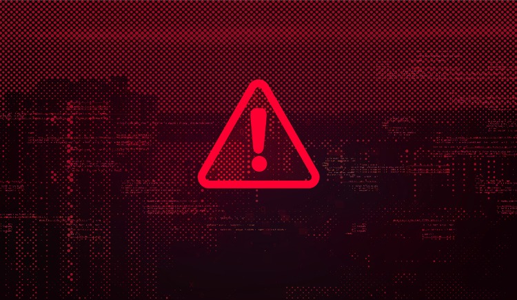 Red warning triangle with dark red binary code background