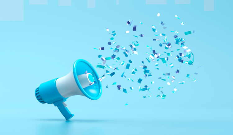 Megaphone shooting confetti with blue background