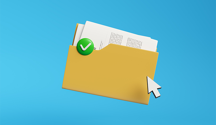 A 3D-rendered digital image of a yellow file folder with documents inside, a green checkmark icon on the folder, and a white cursor arrow pointing at it, set against a blue background.