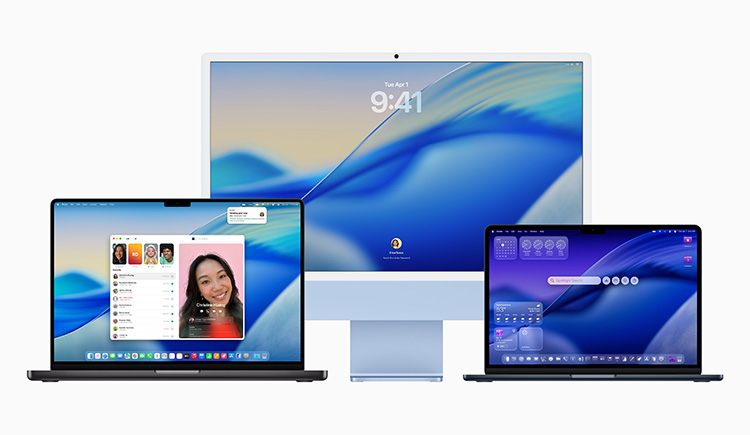 Apple iMac and two MacBook laptops displaying macOS Tahoe, showing lock screen, FaceTime call, and desktop with widgets.