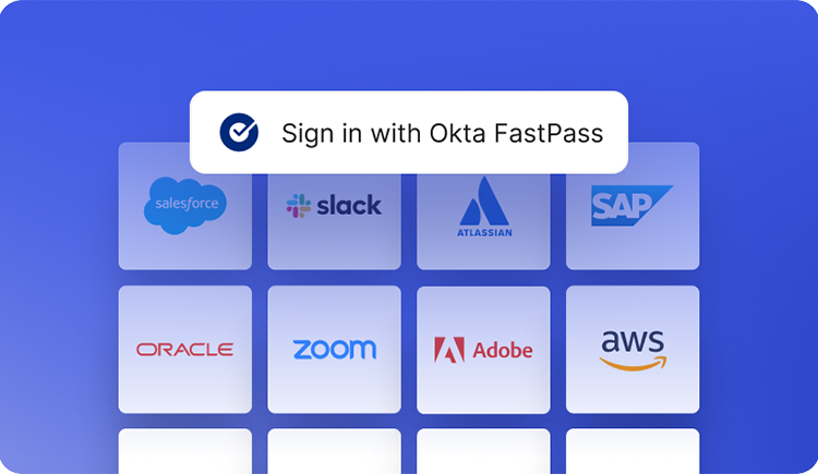 Okta FastPass promotional graphic showing a "Sign in with Okta FastPass" button above a grid of enterprise application logos including Salesforce, Slack, Atlassian, SAP, Oracle, Zoom, Adobe, and AWS, set against a blue background.
