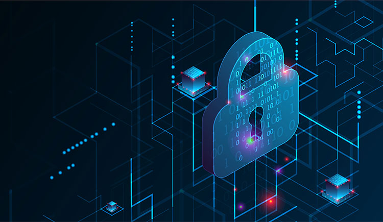Digital padlock icon overlaid on a dark background with binary code and network connection lines.