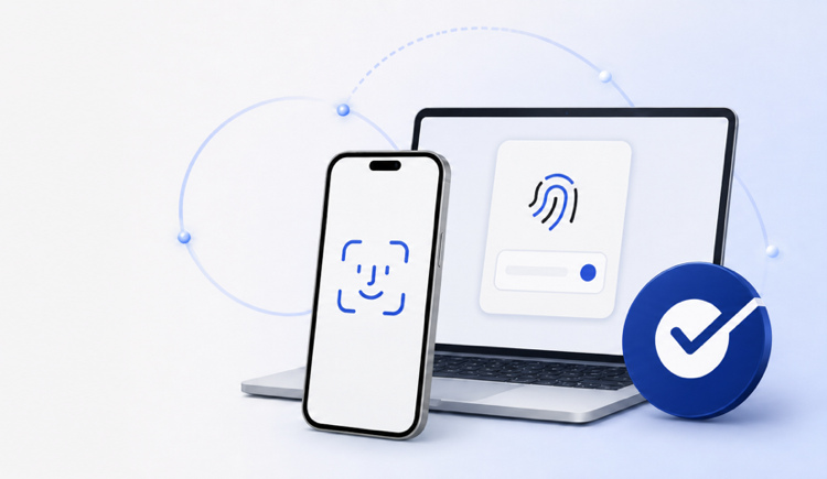 Illustration of a phone showing a face recognition icon and a laptop showing a fingerprint icon, next to a check mark.