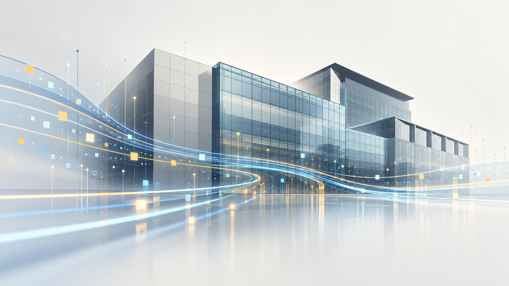 Illustration of a modern glass office building with streams of blue and gold light and small glowing squares flowing past it, suggesting data in motion.
