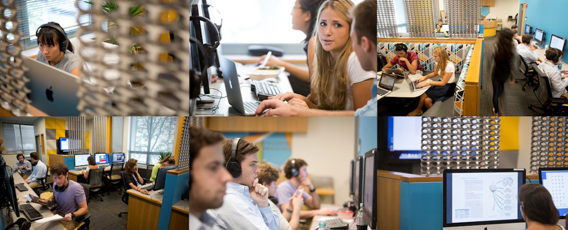 Montage of students utilizing the shared computer lab space
