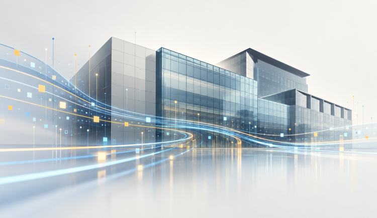 Illustration of a modern glass office building with streams of blue and gold light and small glowing squares flowing past it, suggesting data in motion.