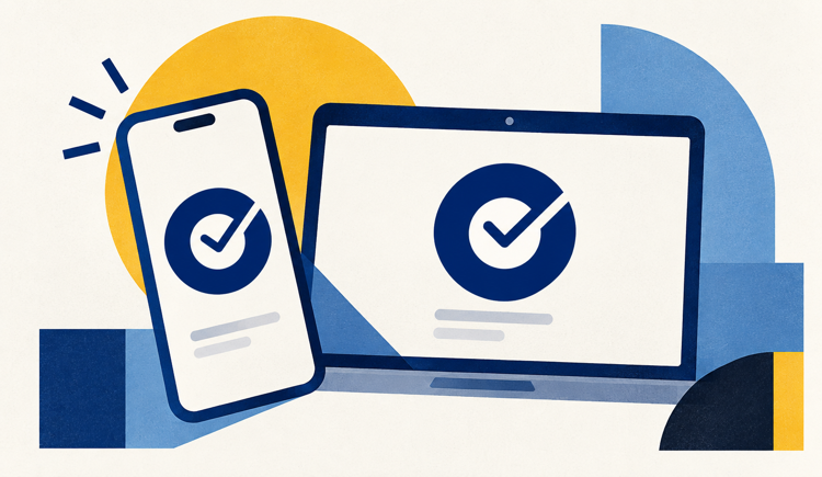 A phone and a laptop, each showing the navy Okta Verify check-mark logo, drawn as a flat illustration among blue and yellow geometric shapes.