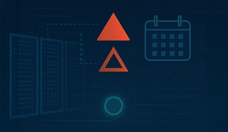 Abstract graphic with server racks, a calendar icon, and red triangle symbols on a dark background.