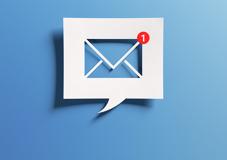 A white email notification icon inside a speech bubble on a blue background with a red '1' indicating an unread message.