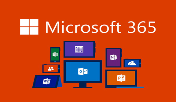 Microsoft 365 title with icons of 365 applications against an orange background
