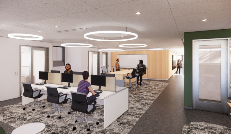 Rendered image of new TechHub space with shared workstation and concierge desk for walk-up support