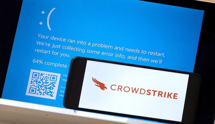 Blue error screen on a laptop for Crowdstrike outage