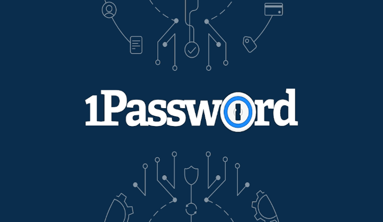 1Password spelled out with a dark blue background and a lock icon on the letter O