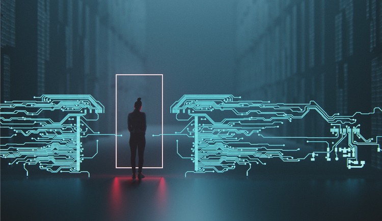 Woman walking through a digital doorway signifying a portal