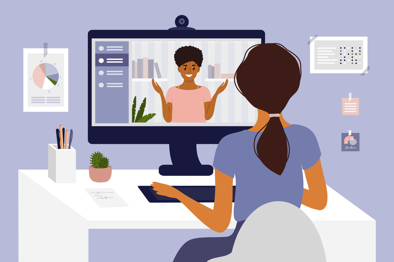 Illustration of a woman at her remote desktop having a video conference call