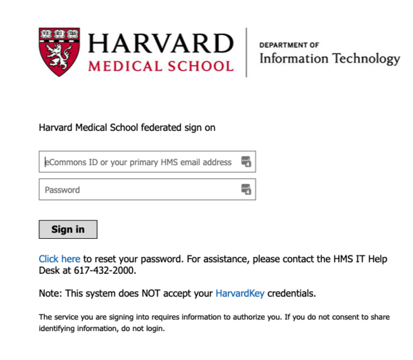 HMS login screen asking for eCommons ID and password