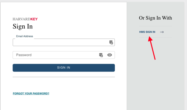 Updated HarvardKey login page asking for email address, password and link for HMS login