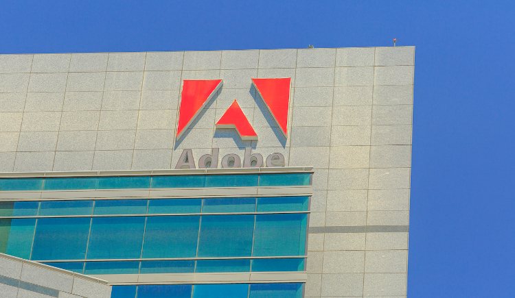 Adobe headquarters with Adobe logo in upper right-hand corner 