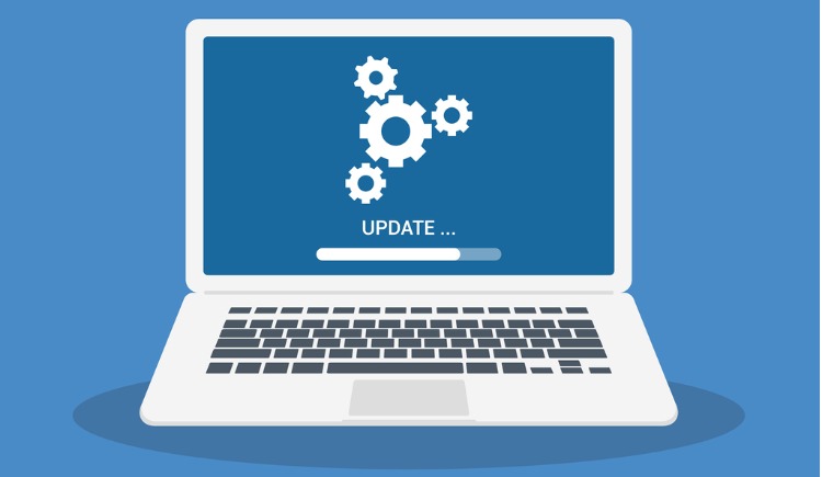 software update concept loading in process on laptop with blue background