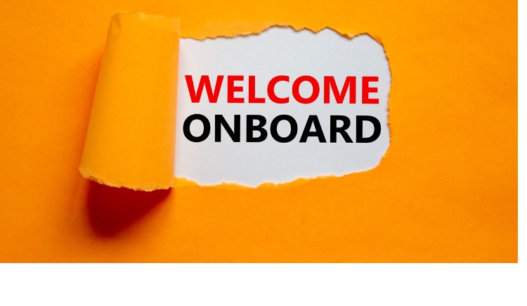 Welcome onboard message being ripped open with an orange background 